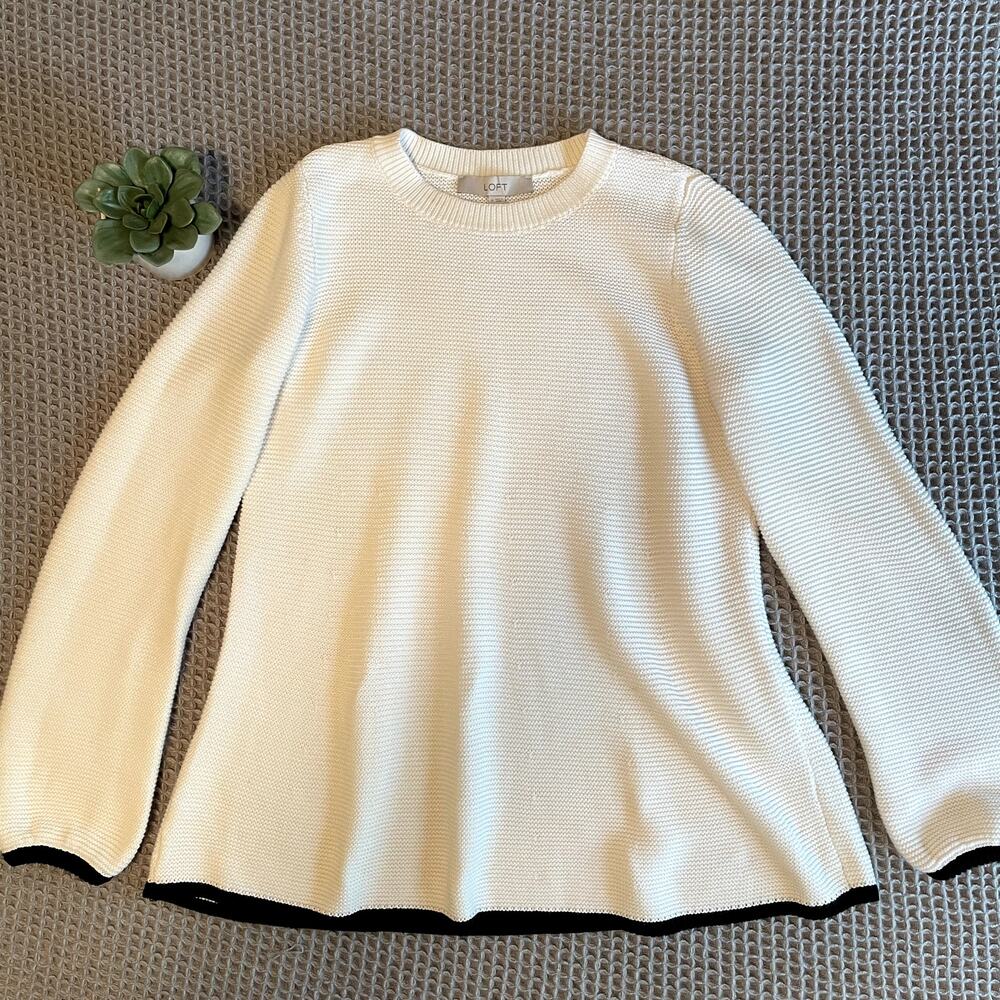 Loft Ivory Knit Black Piping Long Sleeve Swing Sweater Womens Medium